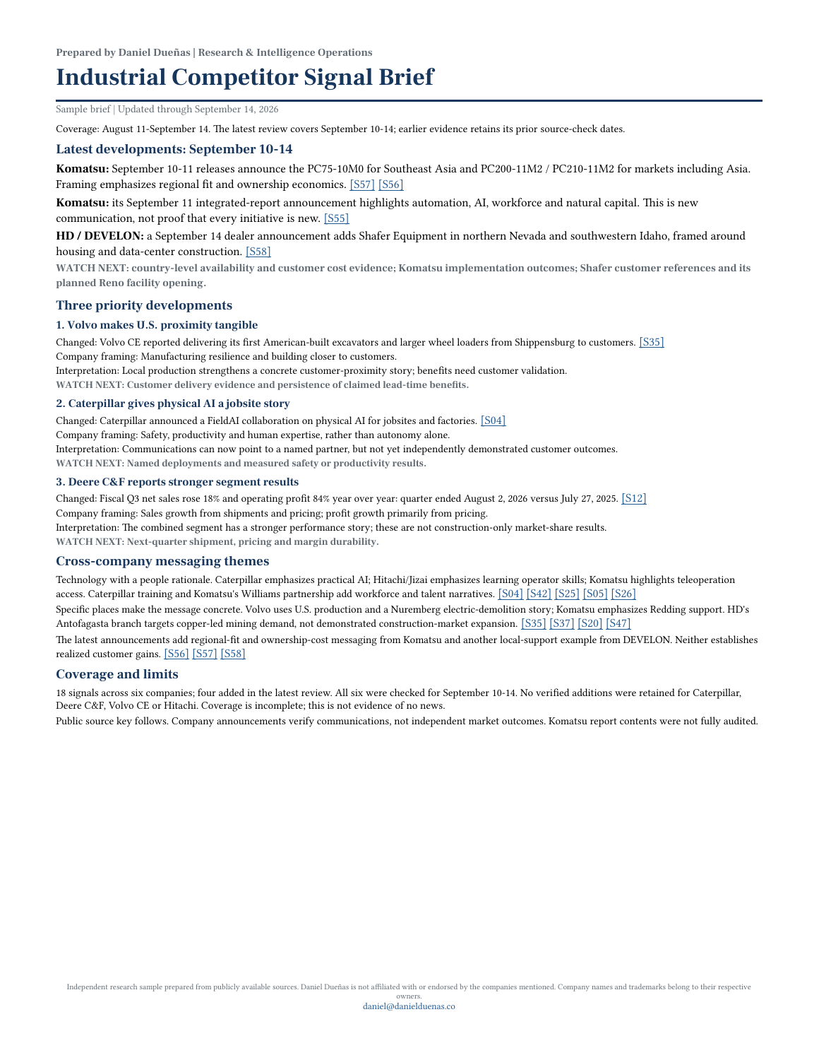 Preview of the one-page Industrial Competitor Signal Brief, with linked sources, interpretations, and coverage limits.